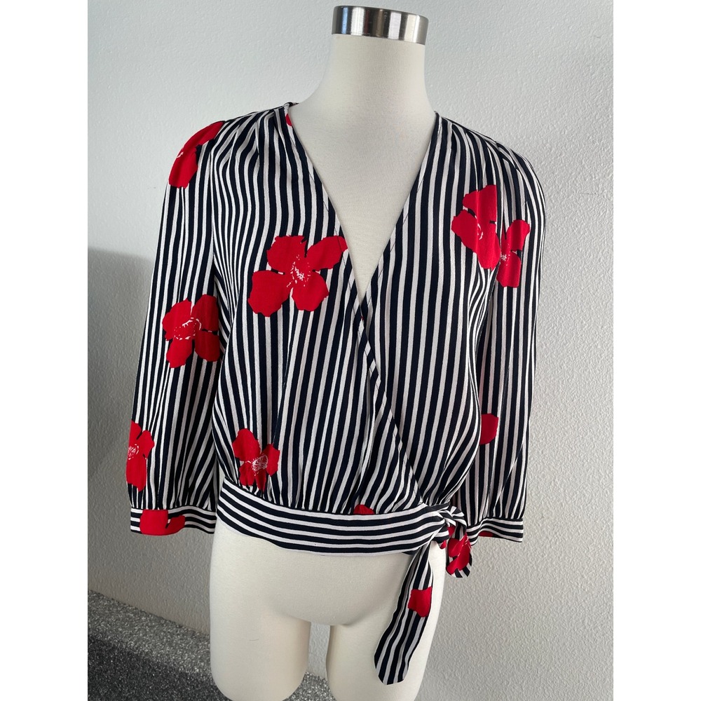 Madewell Womens Medium Striped Floral Top Red Black White Side Tie Blouse